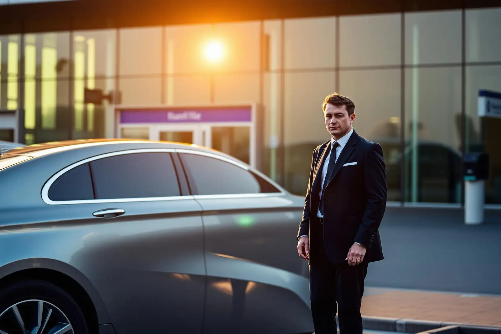 Uniformed valet beside a car at Heathrow terminal at dawn